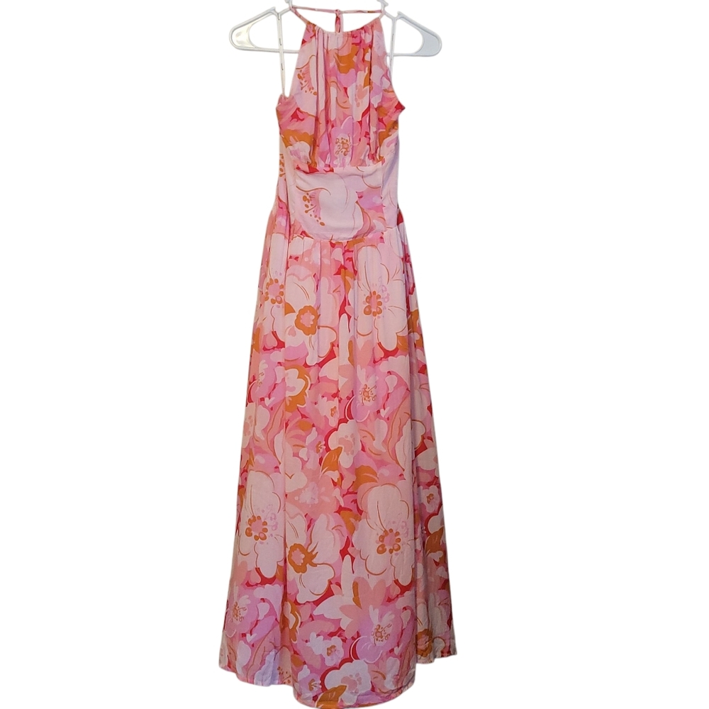 MINKPINK Josie Pink Floral Halter Maxi Dress Resort Vacation Wedding Guest L - Picture 4 of 10